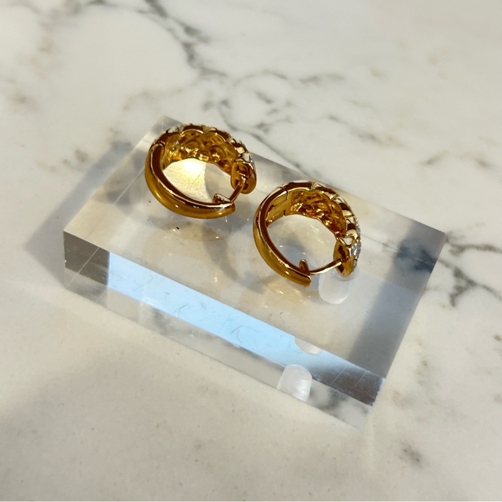 925 Silver Gold Toned & Rhinestone Huggie Hoop Earrings - Picture 4 of 4